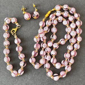 Vtg Murano Millefiori Venetian Glass Necklace Bracelet‎ Earrings Purple Flowers